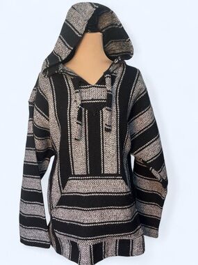 Vintage Earth Ragz Baja Hoodie Black Ivory Oversized XXL